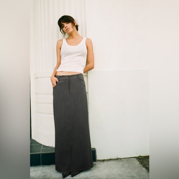 Zara Dresses & Skirts - New (NWT) Zara menswear inspired charcoal pinstripe maxi skirt w/ slit, size XL